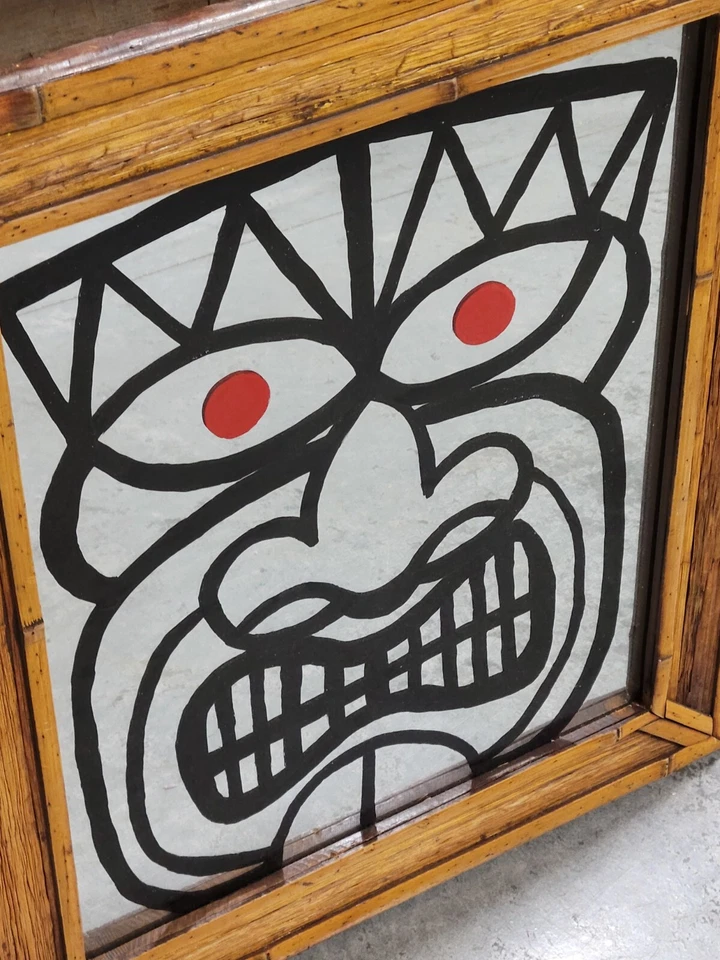 Vintage Tiki Bamboo Mirror One Of Kind Hand Painted Angry Face Bar Art 21"x25"  - Image 4 of 4