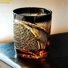 Hand blown hand cut whiskey glasses color overlay glass gifts amber black 9 Ozs