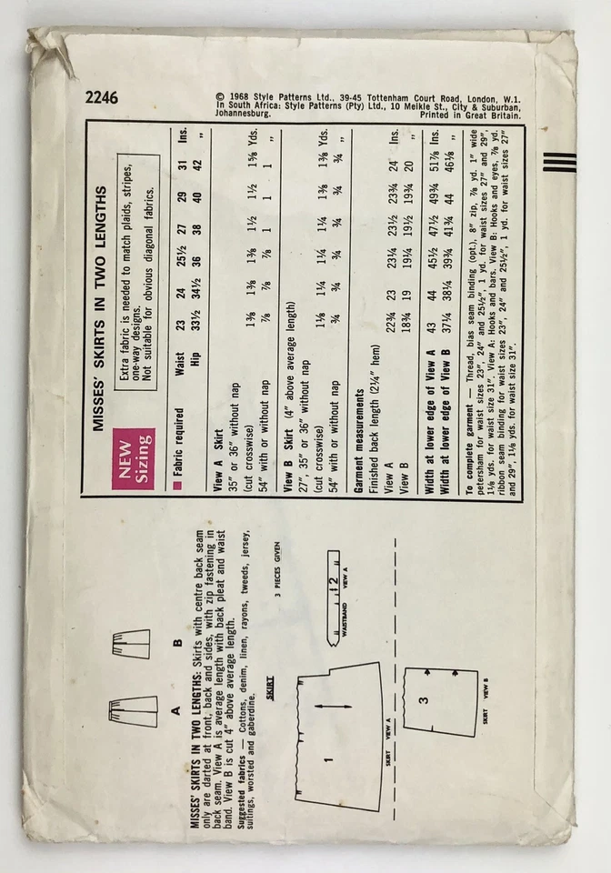 1960's Vintage Sewing Pattern Style 2246 Misses Skirts in Two Lengths Waist 29" - Image 2 of 4