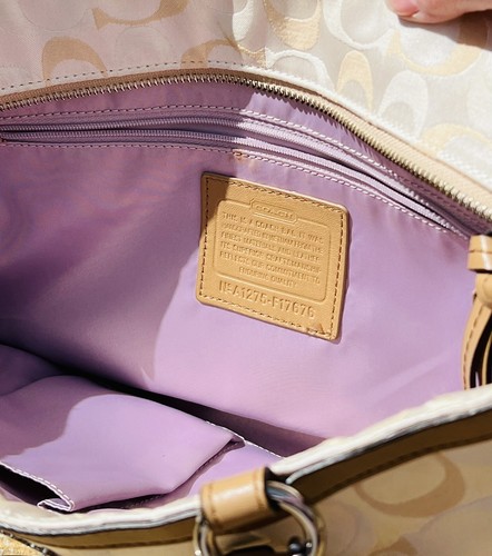 Coach Gallery East West F17676 Tragetasche aus cremefarbenem Satin signaturbraunem Leder - Bild 11 von 14