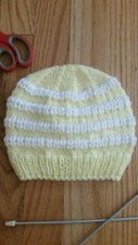 Hand knitted baby hat ,size 3-6 months , yellow with white lines,boy or girl