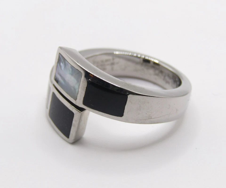 Unique Stainless Steel Black Onyx Mother of Pearl Inlaid By-Pass Ring Sz 6 - Image 3 of 4