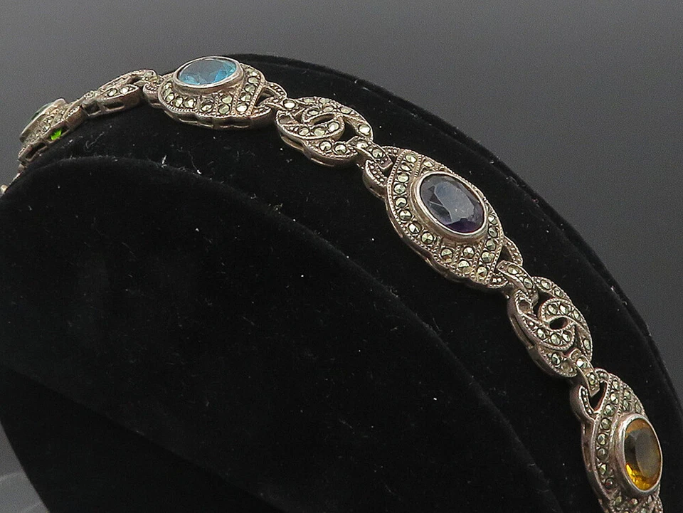 925 Silver  Vintage Amethyst Citrine Peridot & Topaz Chain Bracelet  BT4108 - Image 2 of 4