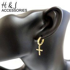 MEN WOMEN 925 STERLING SILVER CZ DANGLE CROSS GOLD PLATED HUGGIE EARRING AGE245