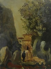 Pietro Annigoni (Milano 1910-Firenze 1988) Paesaggio con figure OLIO cm 18x14