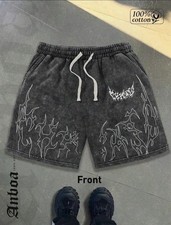 Mens Washed Sweat Shorts Black Graphic Drawst...