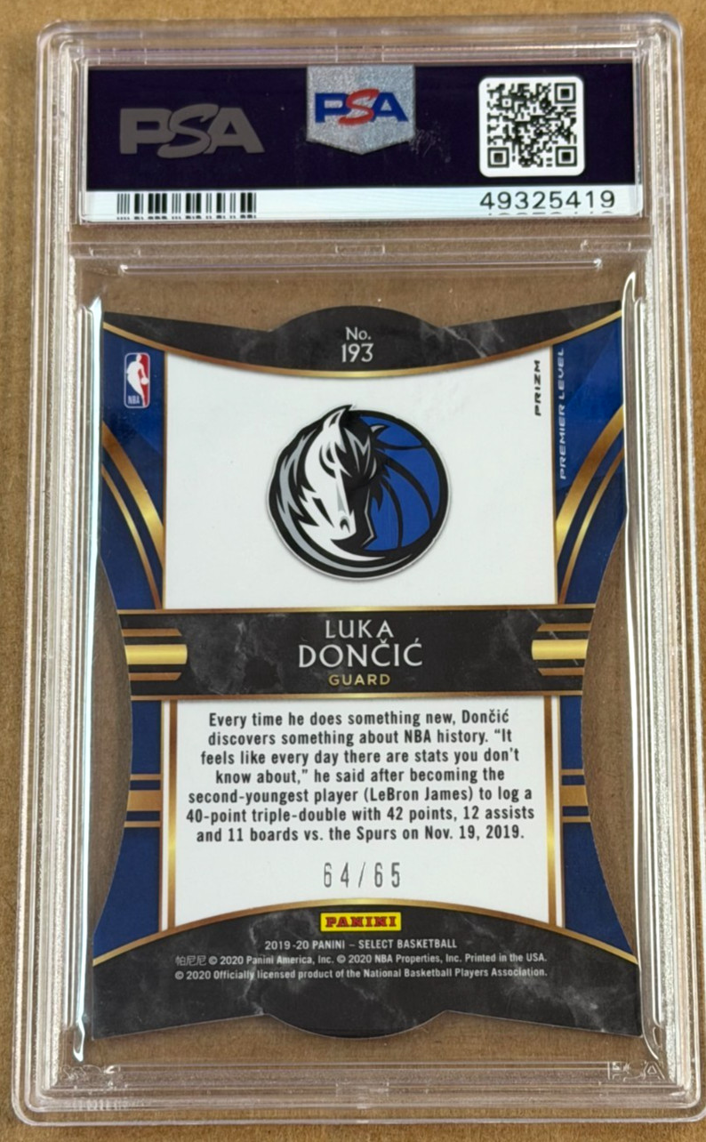 2019-20 Select Luka Doncic Orange Prizm Die Cut Premier /65 #193 PSA 9 Mint Mavs view 2