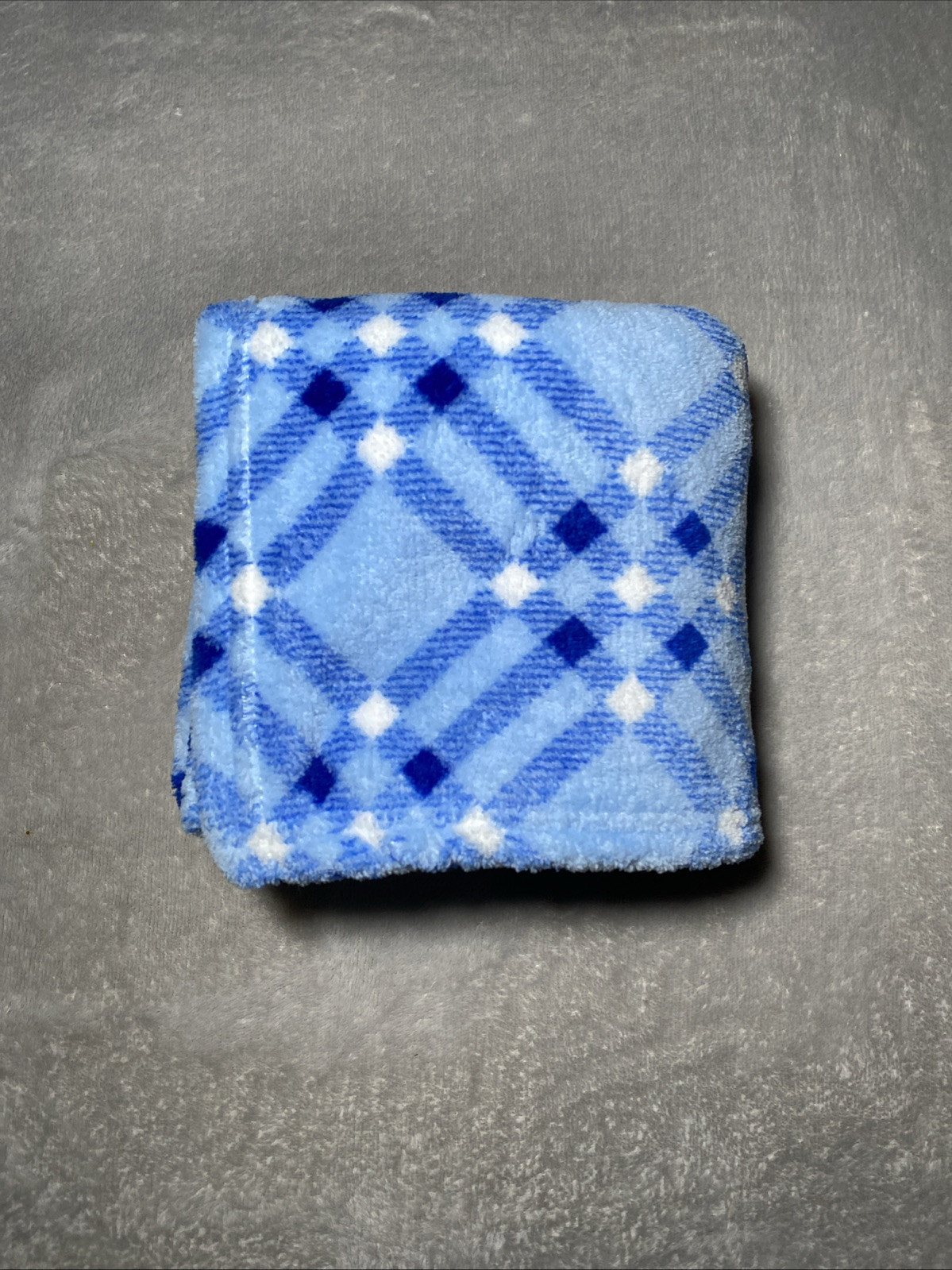 Snugly Baby Blanket Plaid Squares Stripes Blue White Plush Soft Security Lovey