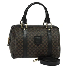 CELINE Macadam Canvas Hand Bag PVC Leather 2way Black Gold Auth yk18716