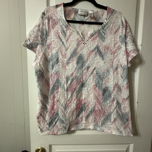Alfred Dunner Women’s Plus 2X Pink Lined Lace Short Sleeve Blouse Shirt Top