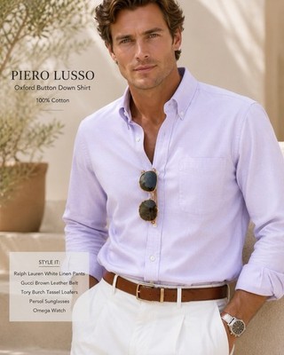 Oxford Button Down Shirt XXL Lavender 100%Cotton Long Sleeve Classic Piero Lusso
