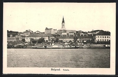 Belgrade, view across the Sava River with a steamer, postcard