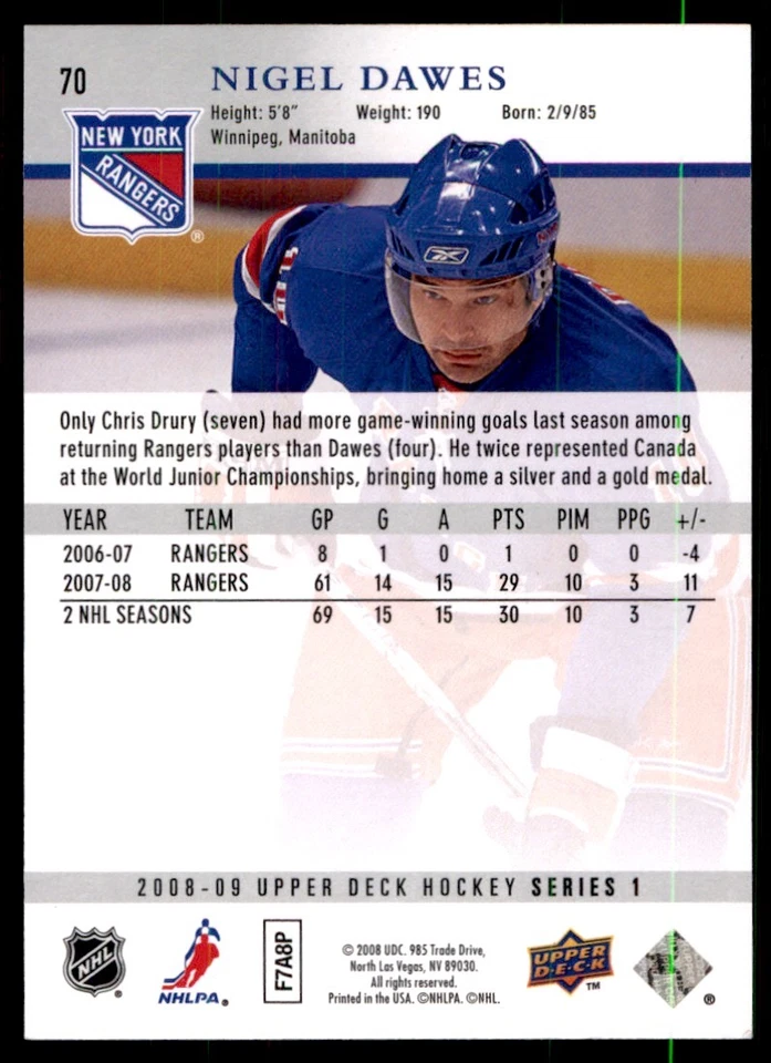 2008-09 Upper Deck Nigel Dawes New York Rangers #70 - Image 2 of 2