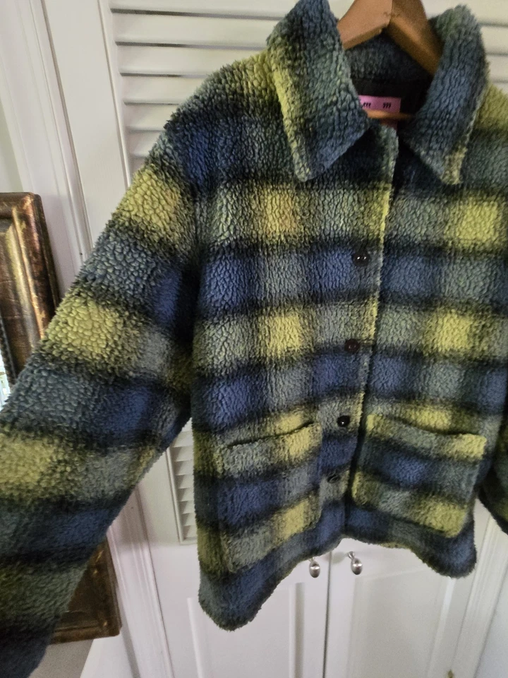 Chaqueta Sherpa UNIF Music Wilt Cuadros Azul Verde Cuadros Grunge Difuso Y2K Acogedora M Foto 3 de 4