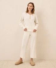 Pact Thermal Waffle Lounge Set Henley + Wide Leg Pant Medium NWT Pearl Off White