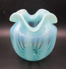 Aqua 5.25  Handblown Art Glass Vase w/ Stripes- No chips or cracks.