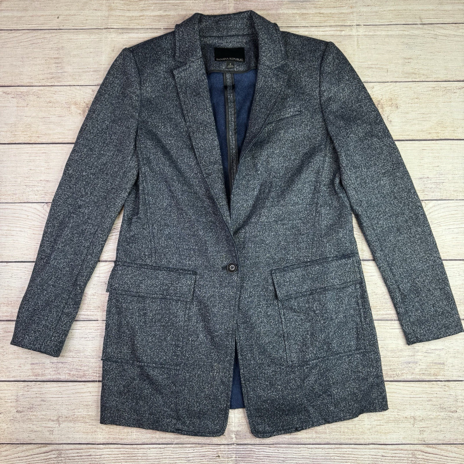 Women's Banana Republic Size 4 Gray Blue Wool Blend One Button Blazer  Jacket