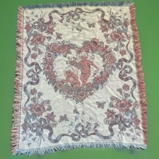 Vintage Crown Crafts Tapestry Throw Love Cherubs Rose Heart 40"x50"
