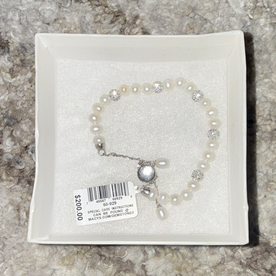 White Faux Pearl Beaded Charm Bracelet w/ Crystal Stations, Lobster Clasp