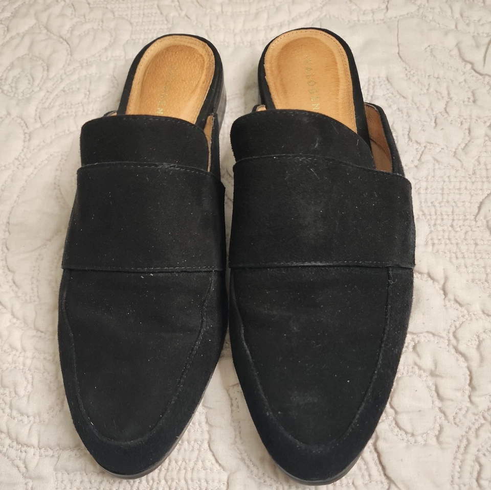 Mujer Negro Gamuza Cuero Mula Slides Talla 7.5 Punta Punta Elegante Foto 3 de 4