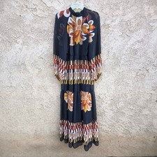 Maison Tara Blouson Sleeve Floral Print Chiffon Maxi Dress 14 Mock Collar Artsy