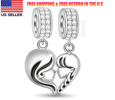 New Mother and Daughter Heart Dangle Charm S925 Sterling Silver Charm