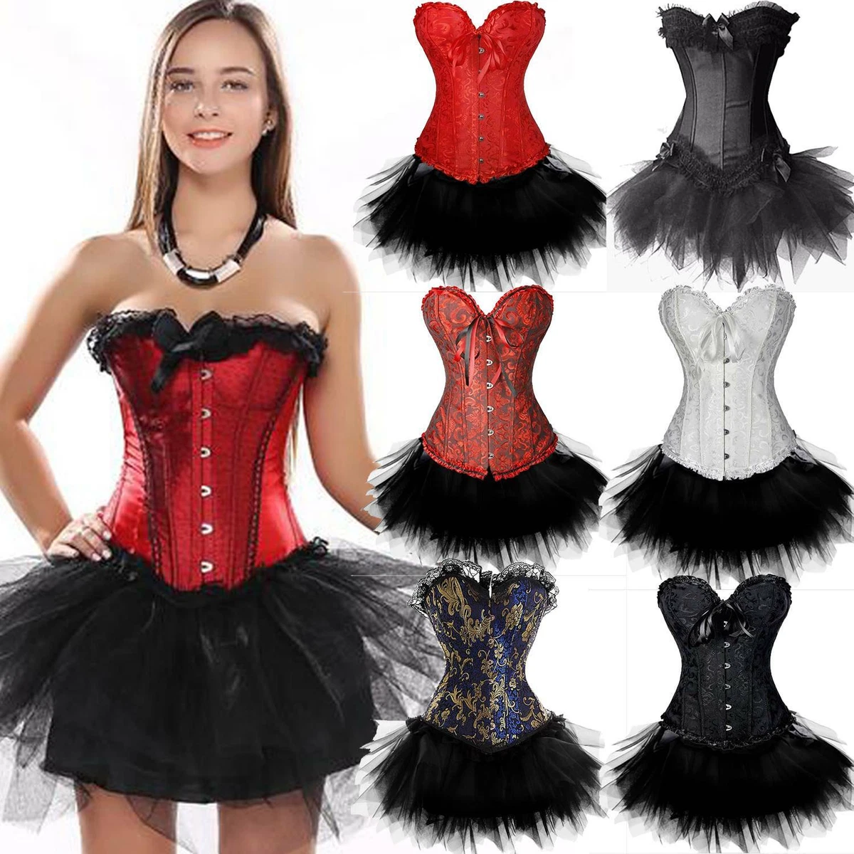 Sexy Burlesque Overbust Corset Bustier Top With Mini Tutu Bustle