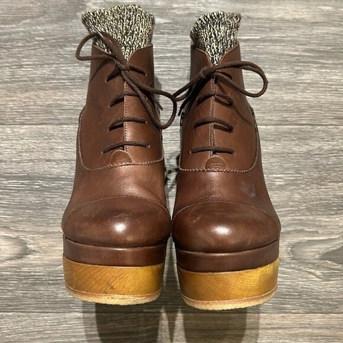 Chloé Brown Leather Platform Boots Size 36.5 / 6 Knit Sock Lace Designer Chloe - Picture 3 of 15