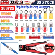 300/102PCS Insulated Wire Terminal Crimp Ring Butt Spade Connectors Kit / Pliers