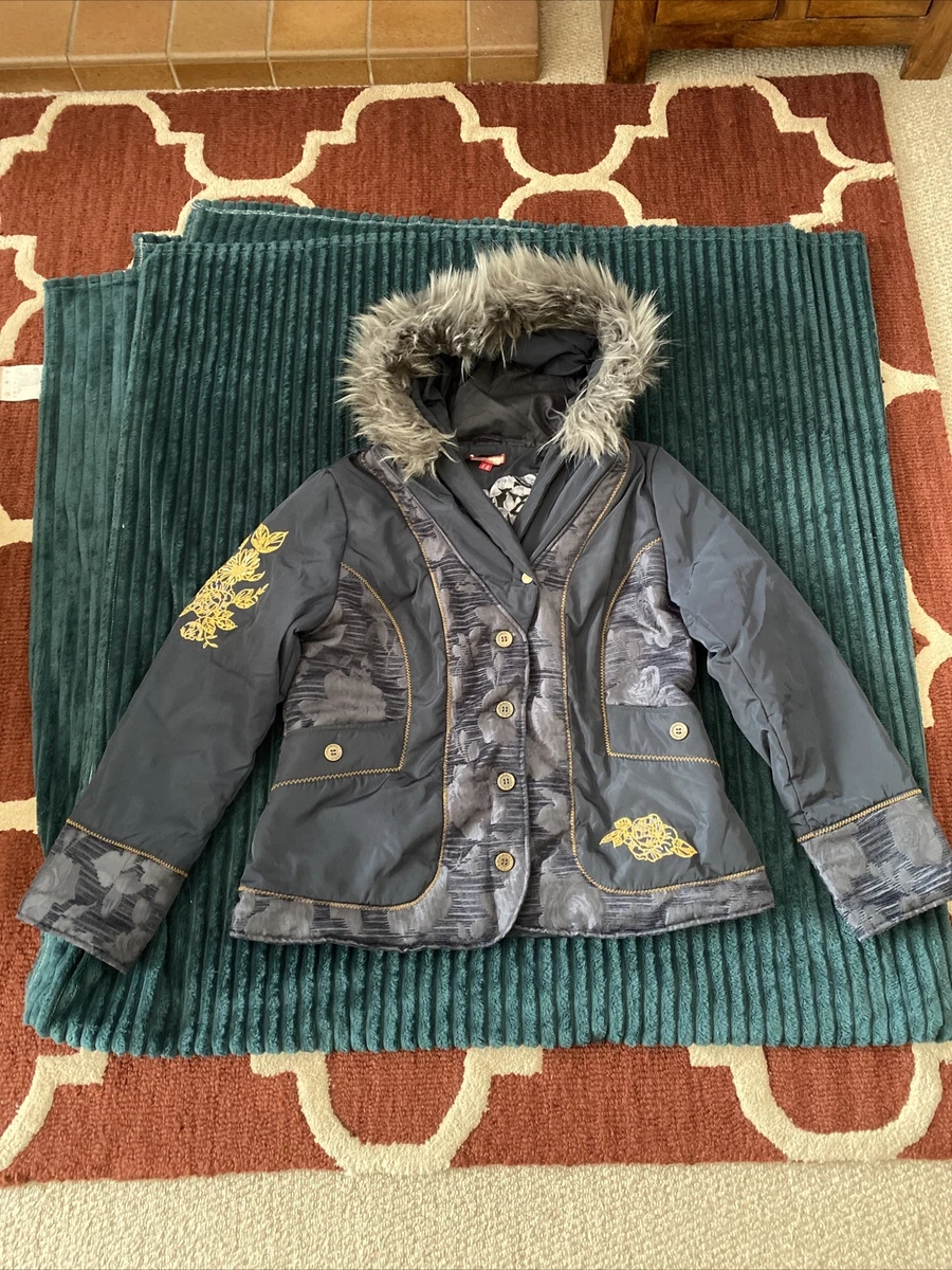 Joe Browns Size 8 Padded Navy Quirky Coat Removable Fur On Hood Immaculate