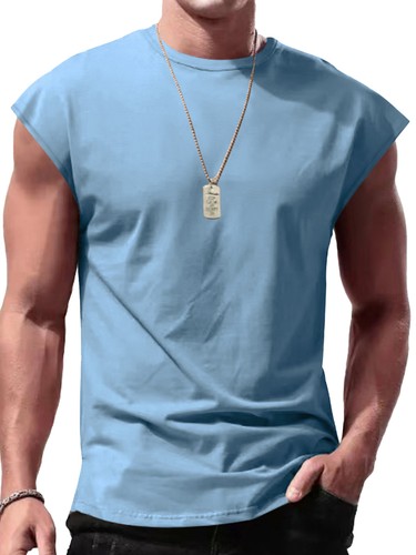 Mens Workout Tank Top Sleeveless Round Neck Gym Bodybuilding Cut Off T Shirts - Picture 24 of 61