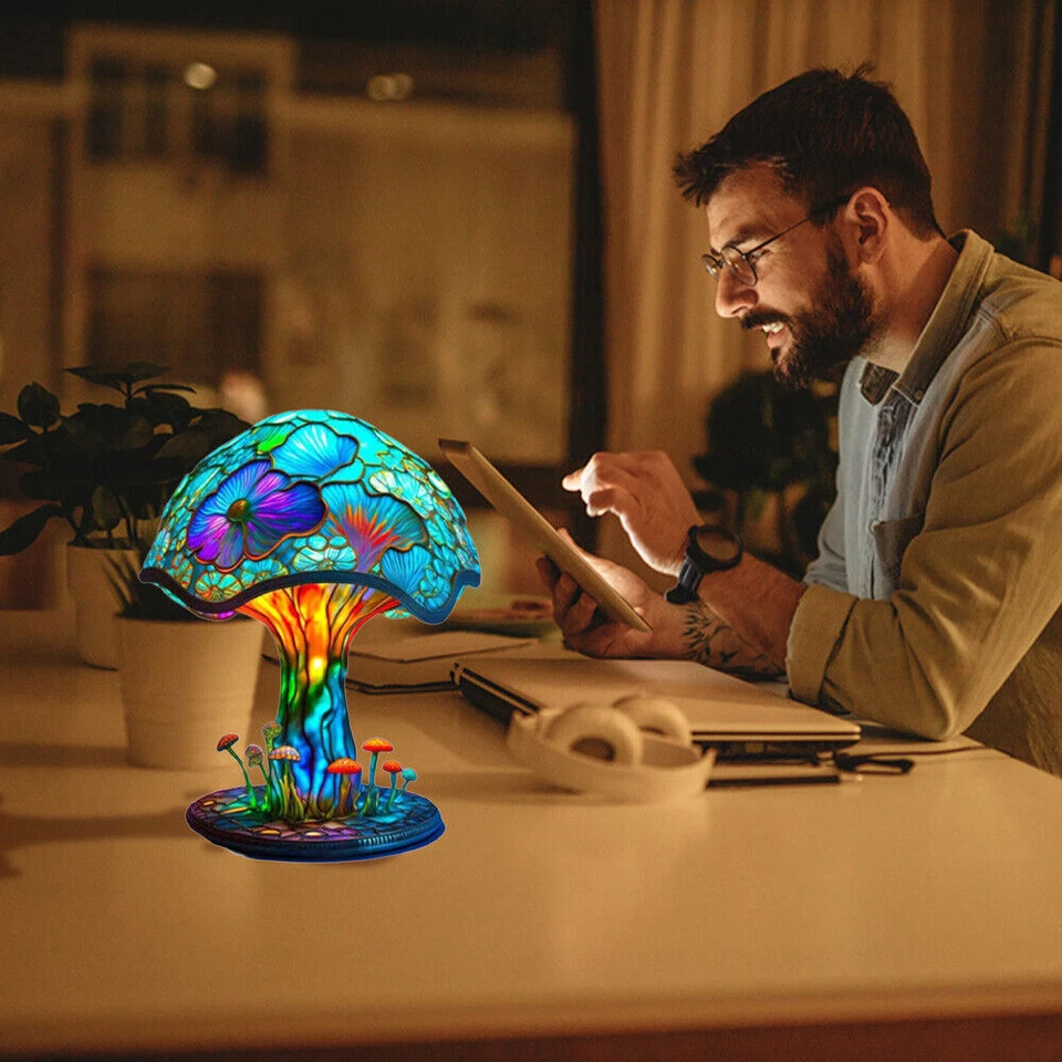 Vintage Stained Glass Plant Series Table Lamps Mushroom Creative Light Resin US - Image 3 of 4