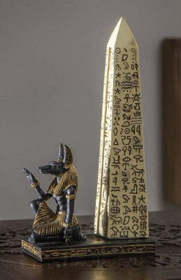 Egyptian Jackal Dog Deity Anubis Kneeling Hieroglyphic Obelisk Incense Burner