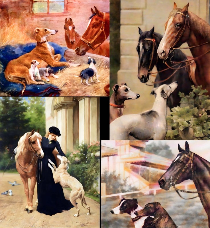 Greyhound Dogs and Horses Altered Vintage Art Cards set of 4 w/envelopes