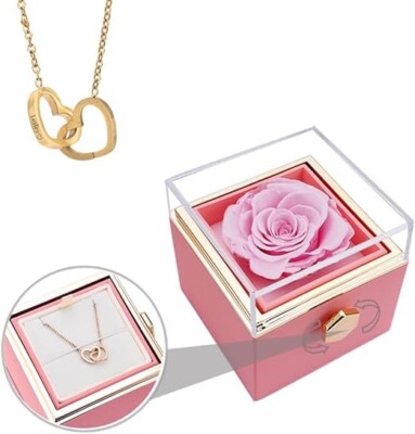 FabuLove Preserved Real Eternal Rose Rotating Gift Box Set With Heart-Shaped 