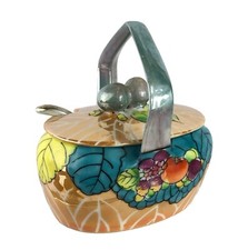 Vtg Goldcastle Japan Lusterware Orange Blue Multicolor Sugar Bowl w/ Spoon & Lid