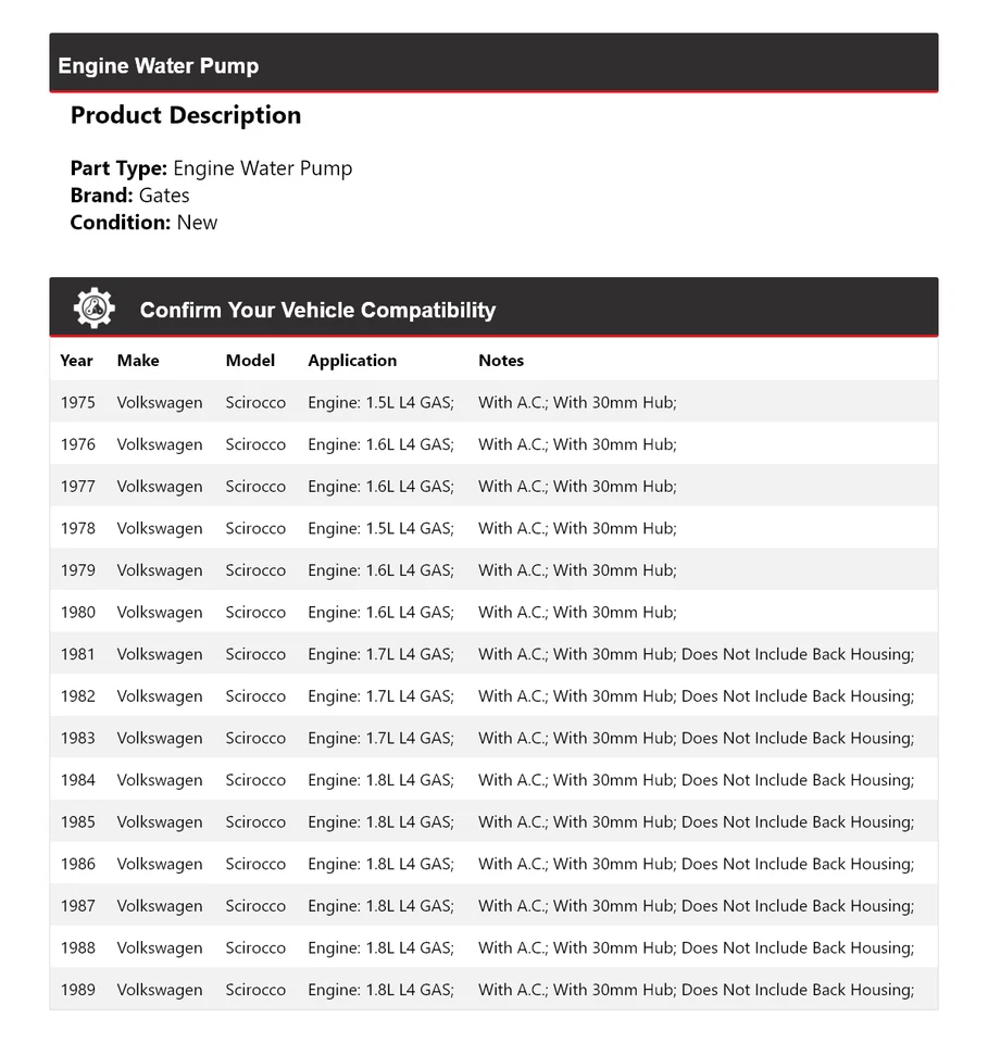 For 1975-1989 Volkswagen Scirocco Engine Water Pump Gates 1976 1977 1978 1979 - Image 2 of 4