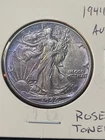 1944 walking liberty silver half dollar coin Au Beautiful Rose Toning
