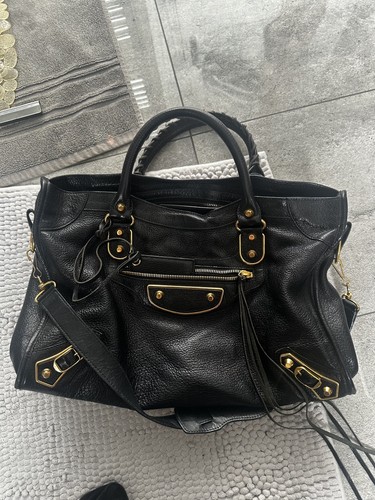 Balenciaga City Medium Black Leather Satchel Top Handle Zip Bag Gold Mirror