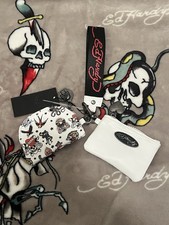 Ed Hardy Zippered Key Chain White Graphic Tat...