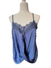 Ro & De Blue Satin Lace Cami Top Size M Adjustable Straps Draped Front Blouse