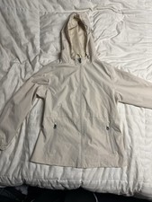 Women's Beige Hooded Zip Jacket Pockets Long Sleeve Mid-Length Casual