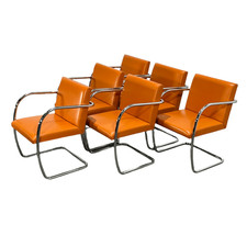 Knoll Brno Tubular Tan Orange Leather Chair by Ludwig Mies van der Rohe, Set of