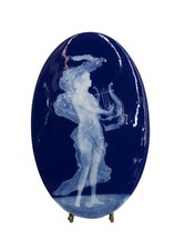 Limoges France Blue and White Pate sur Pate Oval Plaque Beauty with Lyre Signed