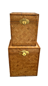 Vintage Rattan Woven Bamboo Nesting Storage Trunks - Set of 2