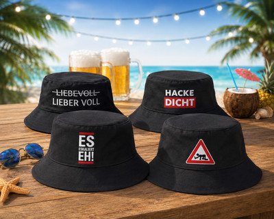 4 Schwarze Fischerhüte Partyhut Bucket Hat Festival Urlaub JGA lustige Sprüche