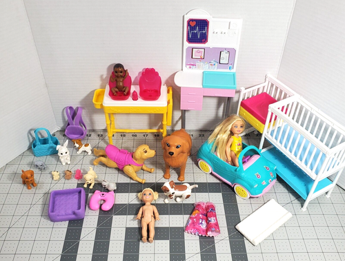 Barbie Mattel Playsets Crib Doctor Chelsea Car Doll Kelly Doll Animals 26 Pc