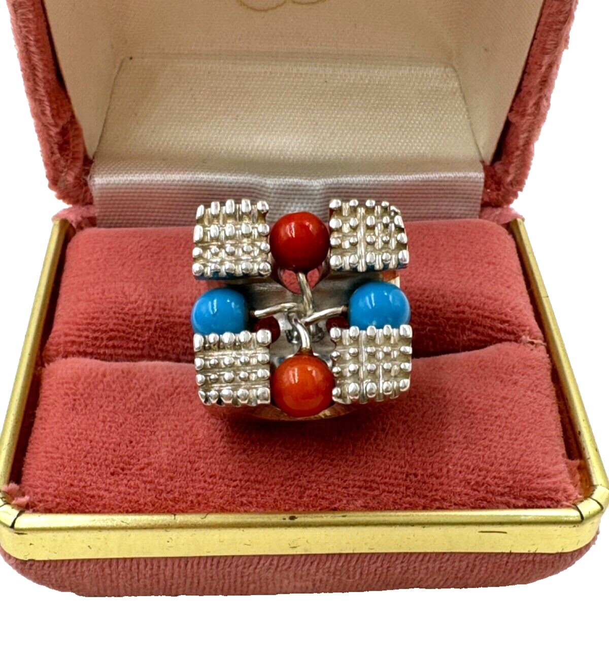 GORG SETTING STERLING SILVER LARGE RING CORAL BLU… - image 3