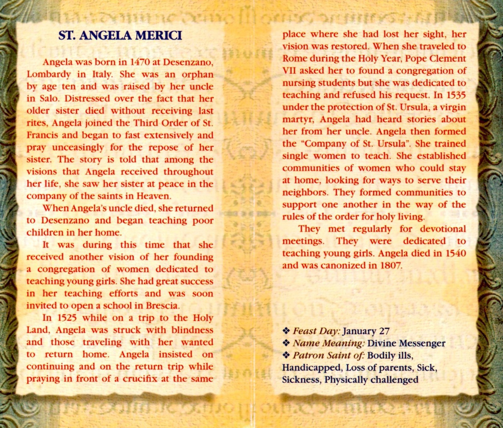 Saint St. Angela Merici Biography, prayer, Feast Day, etc... Folder