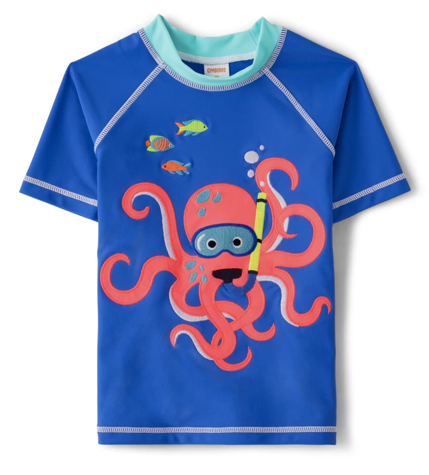 Gymboree 7 Niños Splish Splash Rashguard Pantalones Cortos Conjunto Pulpo Pez Nuevo con Etiquetas Sombrero para el Sol Nadar Foto 3 de 4